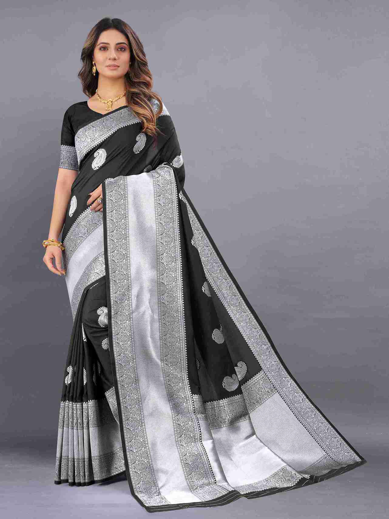 Black Soft Cototn Silk Saree Zari weawing With Blouse Piece