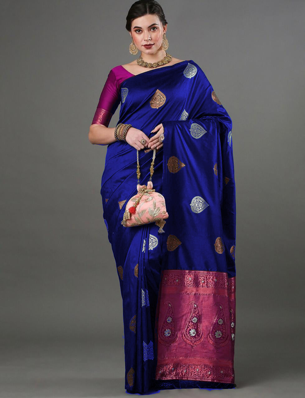 Blue Soft Silk Saree With Embrocation Blouse Piece