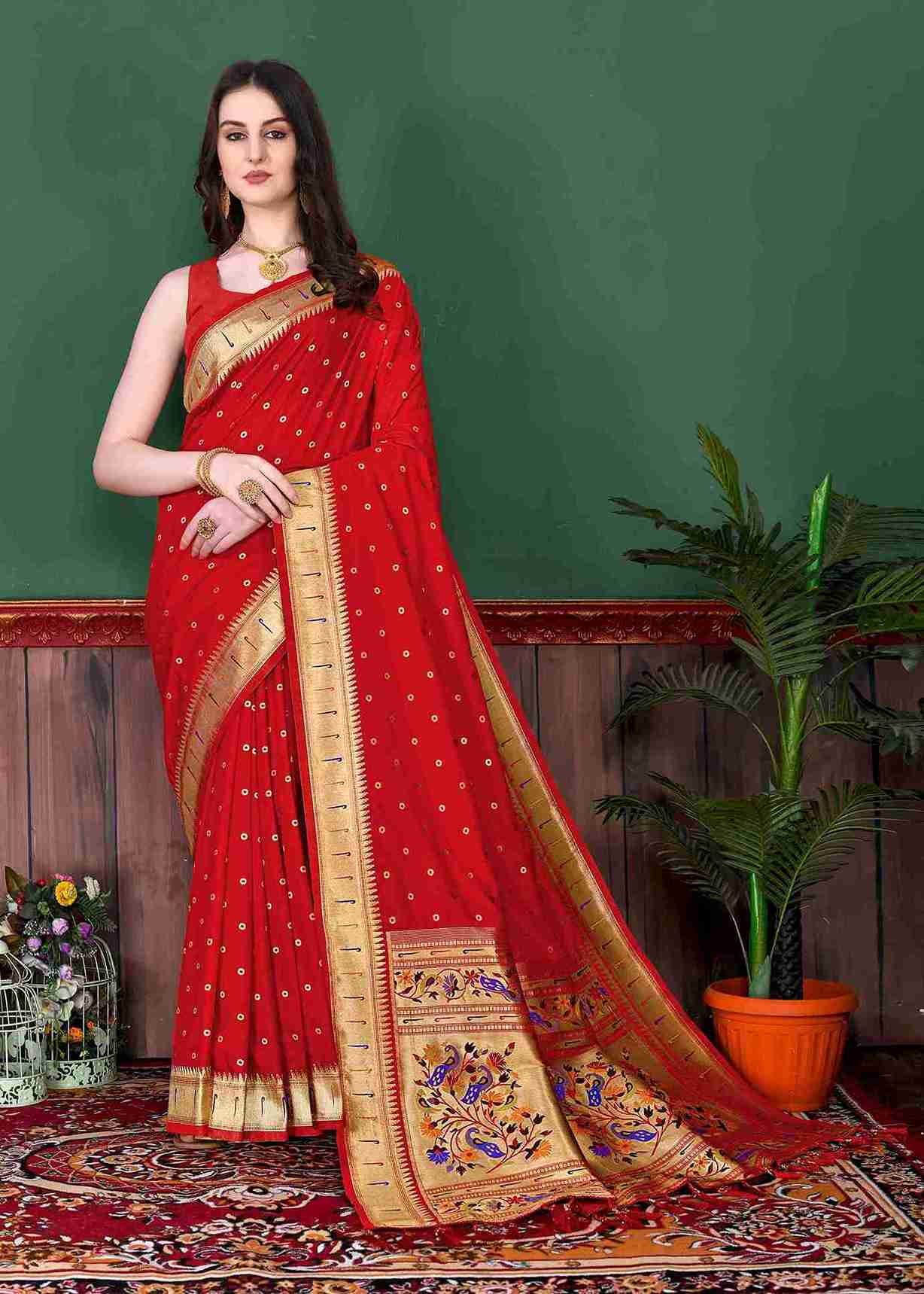 Red Soft pethani  Silk Saree  With Rich golden Zari Wooven  Pallu  Zari weawing