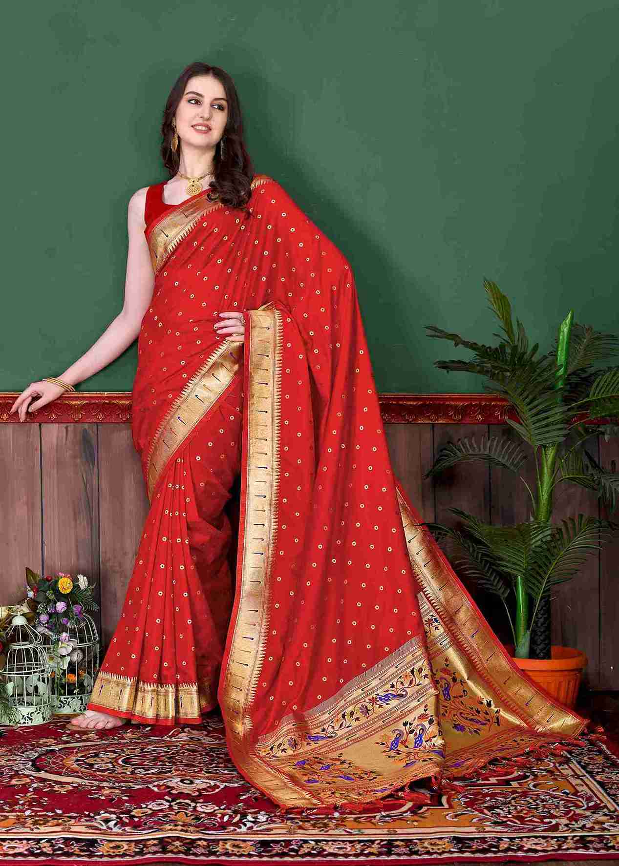 Red Soft pethani  Silk Saree  With Rich golden Zari Wooven  Pallu  Zari weawing