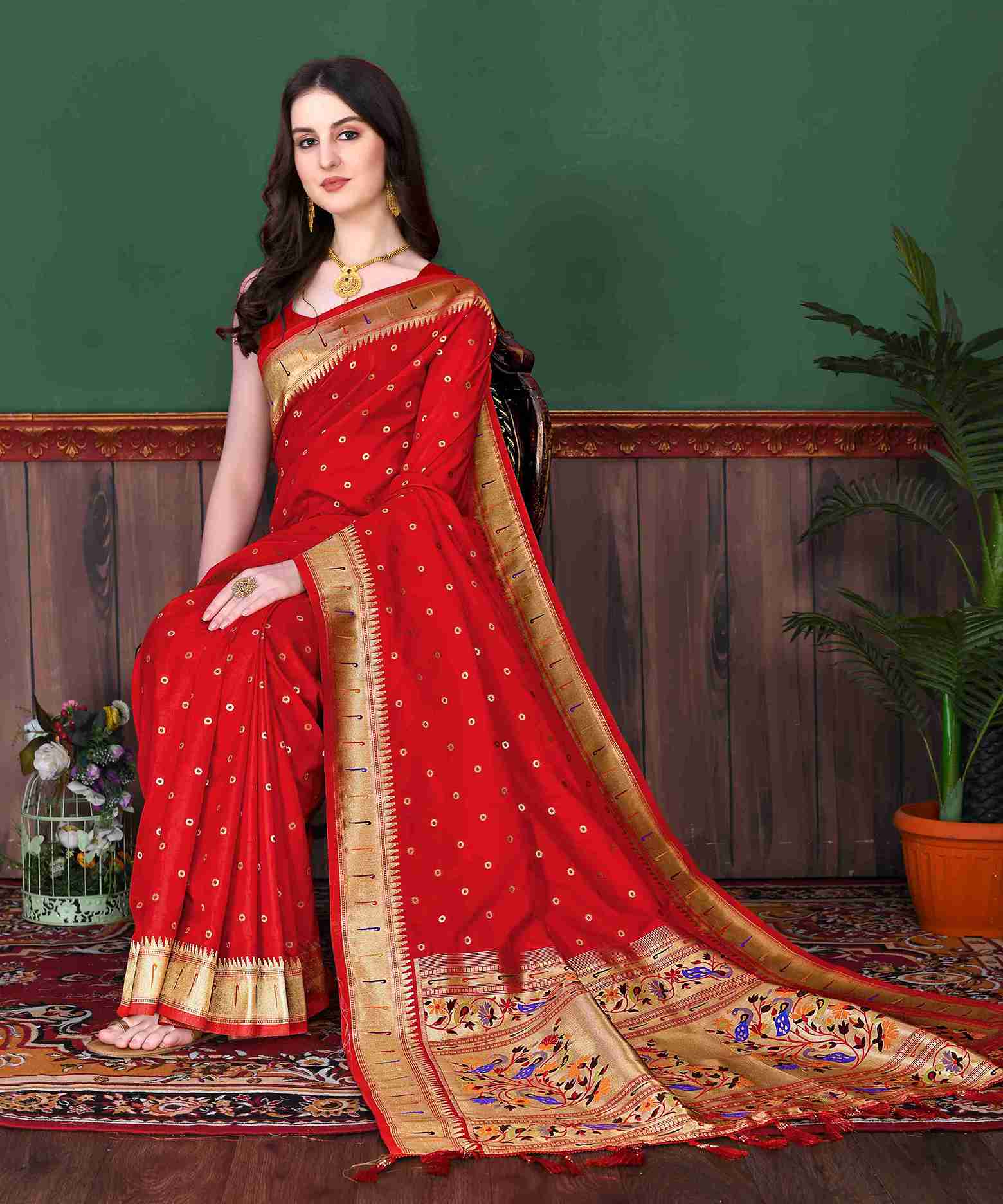 Red Soft pethani  Silk Saree  With Rich golden Zari Wooven  Pallu  Zari weawing