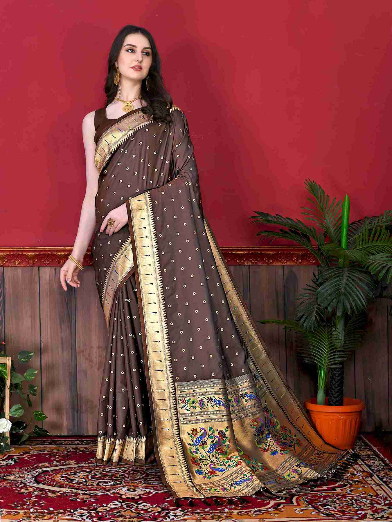 Brown Soft pethani  Silk Saree  With Rich golden Zari Wooven  Pallu  Zari weawing