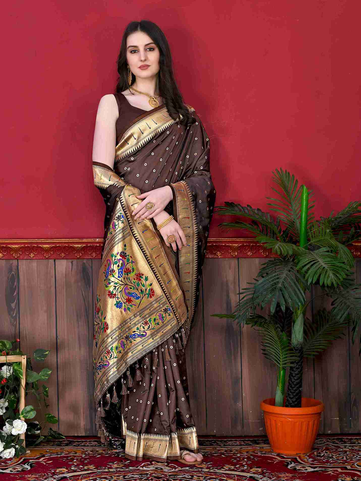 Brown Soft pethani  Silk Saree  With Rich golden Zari Wooven  Pallu  Zari weawing