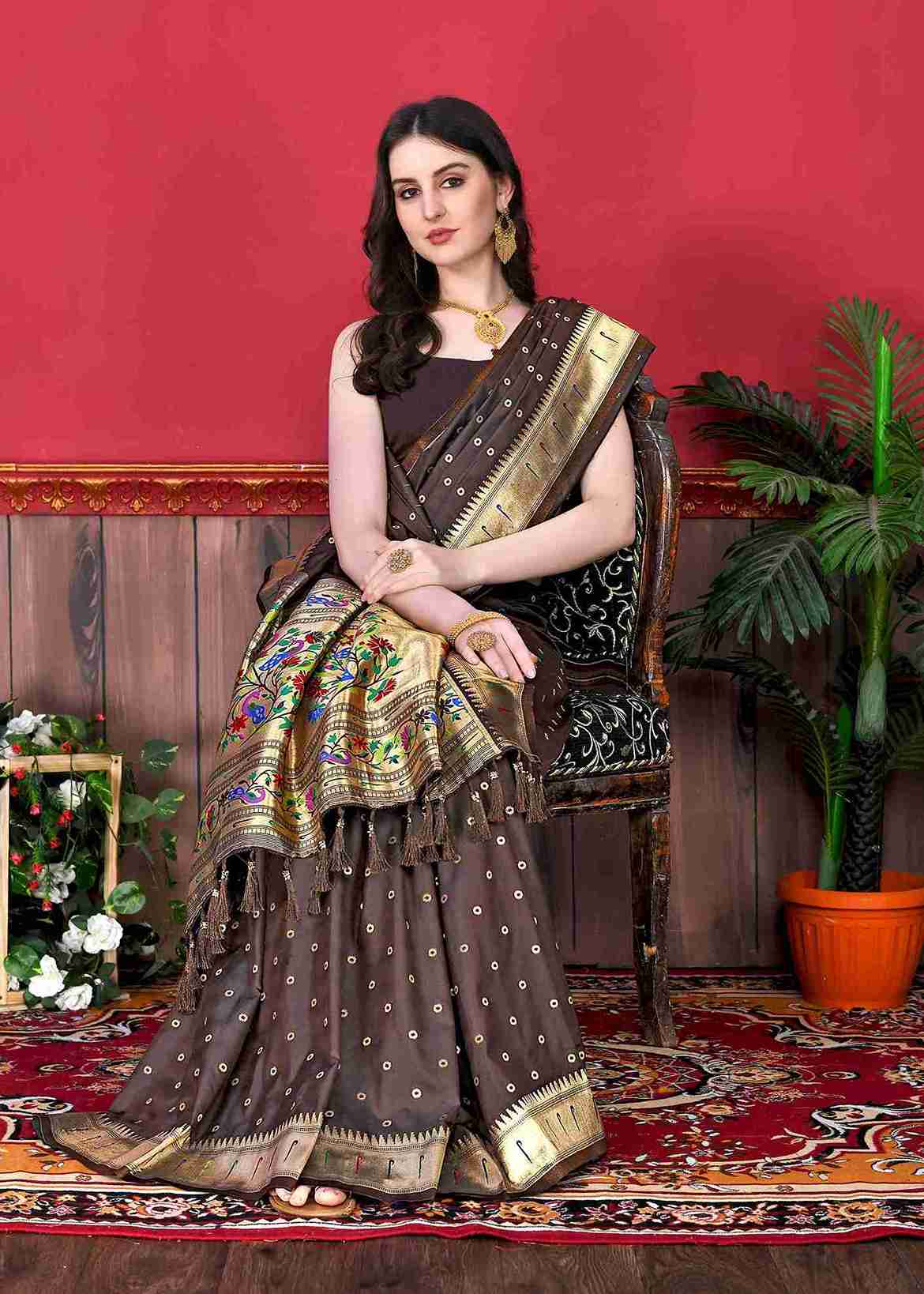 Brown Soft pethani  Silk Saree  With Rich golden Zari Wooven  Pallu  Zari weawing