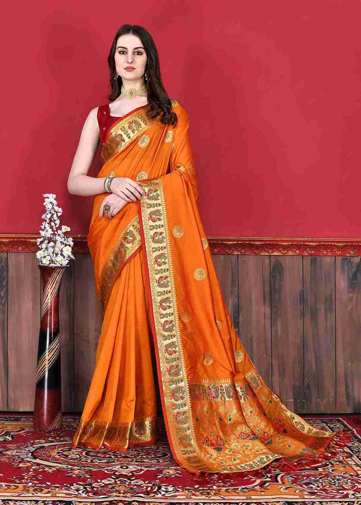 Orange Soft pethani  Silk Saree  With Rich golden Zari Wooven  Pallu  Zari weawing