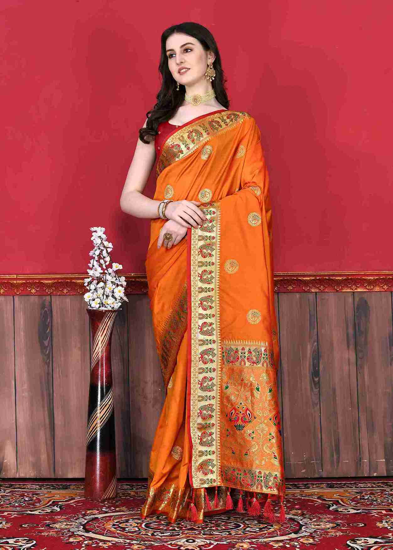 Orange Soft pethani  Silk Saree  With Rich golden Zari Wooven  Pallu  Zari weawing