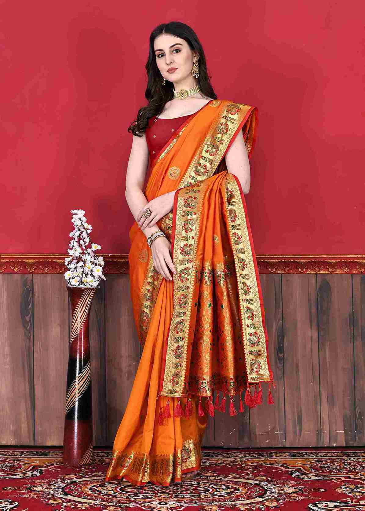 Orange Soft pethani  Silk Saree  With Rich golden Zari Wooven  Pallu  Zari weawing