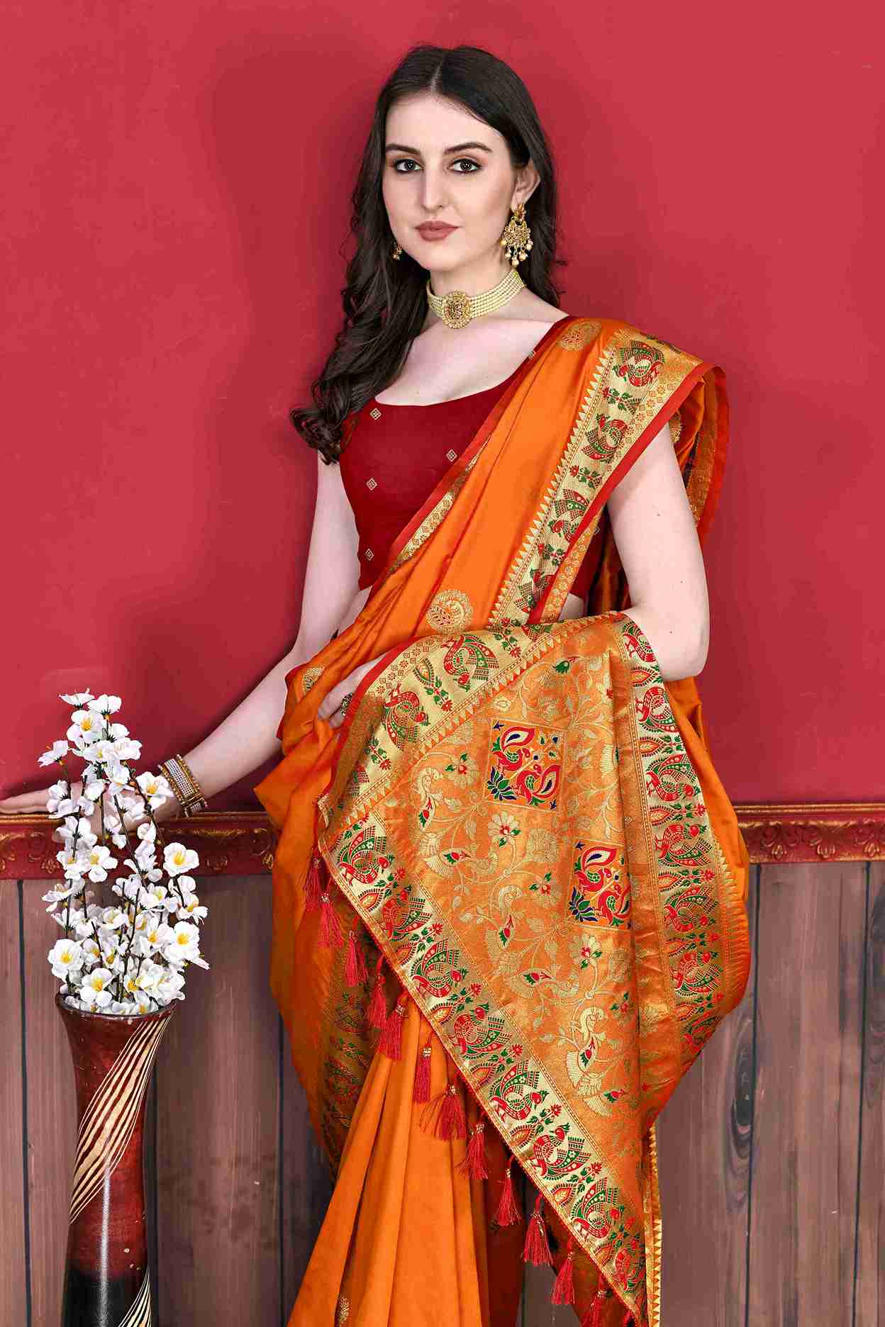 Orange Soft pethani  Silk Saree  With Rich golden Zari Wooven  Pallu  Zari weawing