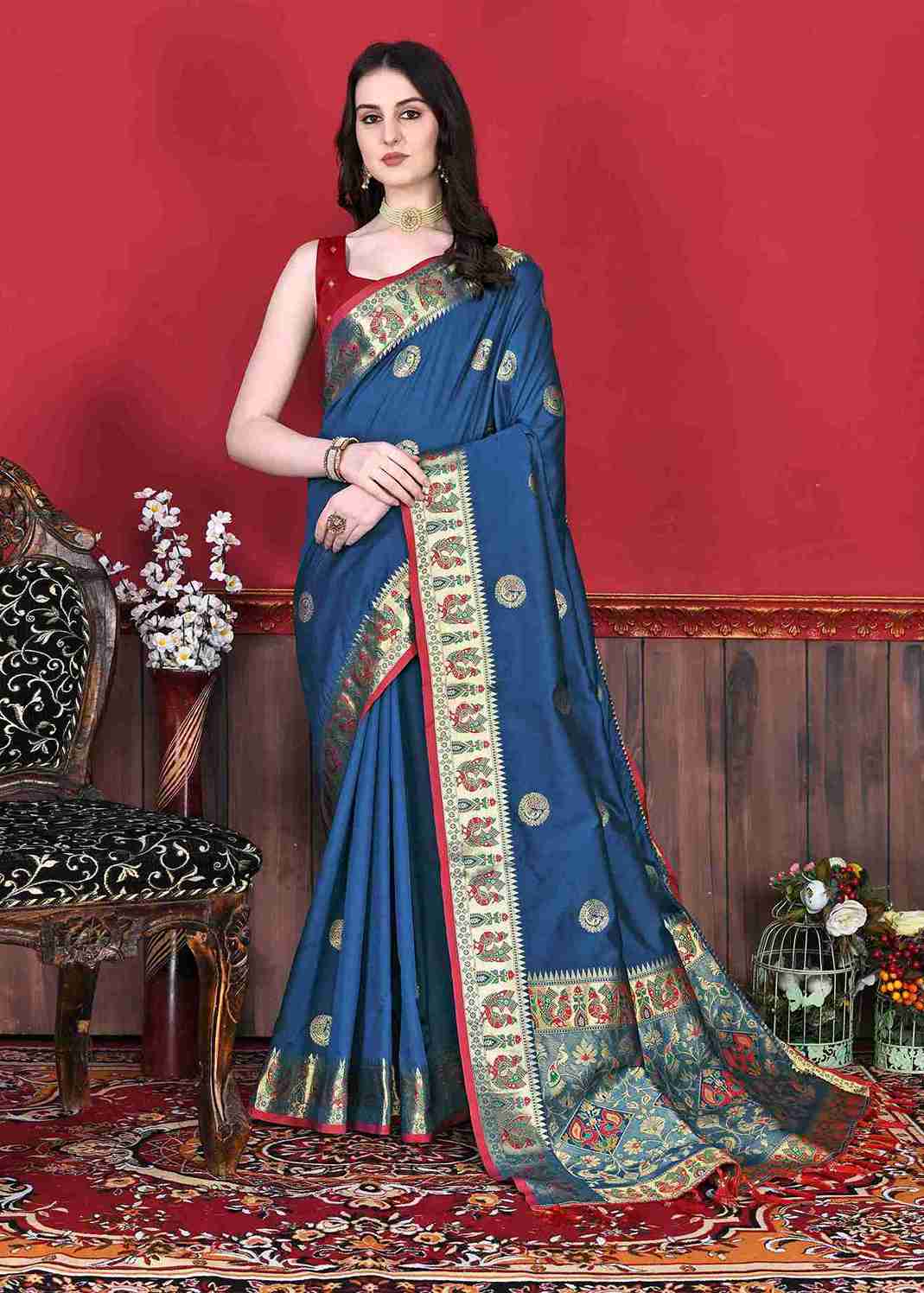 Navy Blue Soft pethani  Silk Saree  With Rich golden Zari Wooven  Pallu  Zari weawing