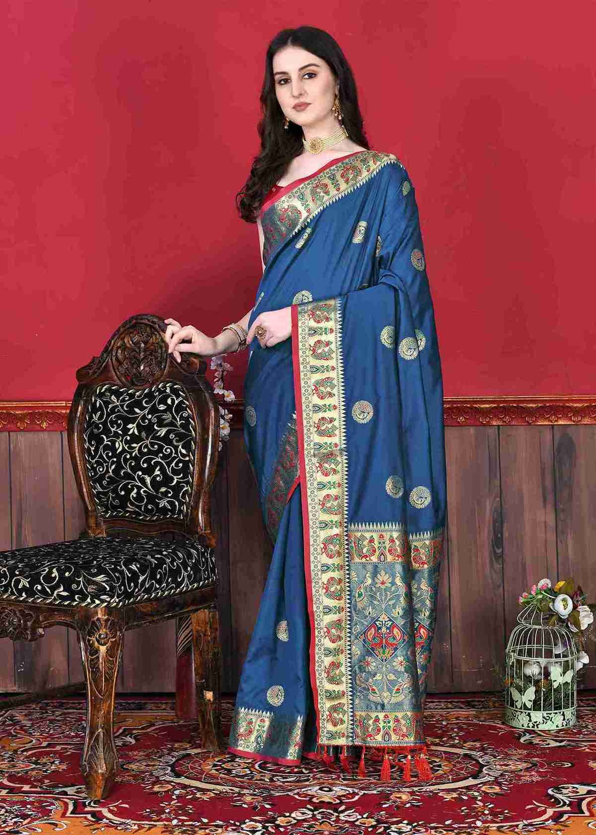 Navy Blue Soft pethani  Silk Saree  With Rich golden Zari Wooven  Pallu  Zari weawing