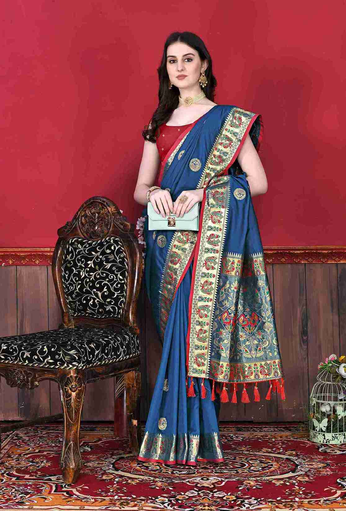 Navy Blue Soft pethani  Silk Saree  With Rich golden Zari Wooven  Pallu  Zari weawing