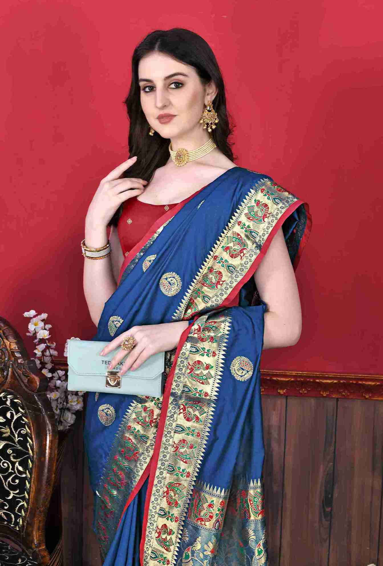 Navy Blue Soft pethani  Silk Saree  With Rich golden Zari Wooven  Pallu  Zari weawing