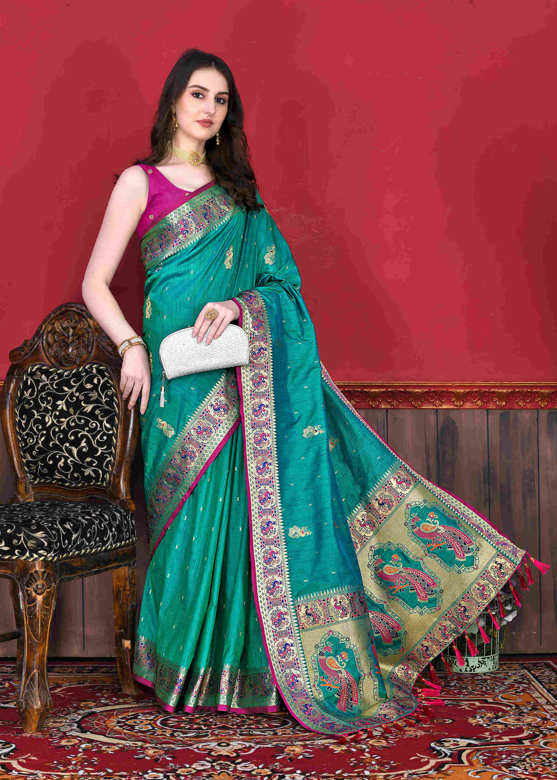 Teal Soft pethani  Silk Saree  With Rich golden Zari Wooven  Pallu  Zari weawing