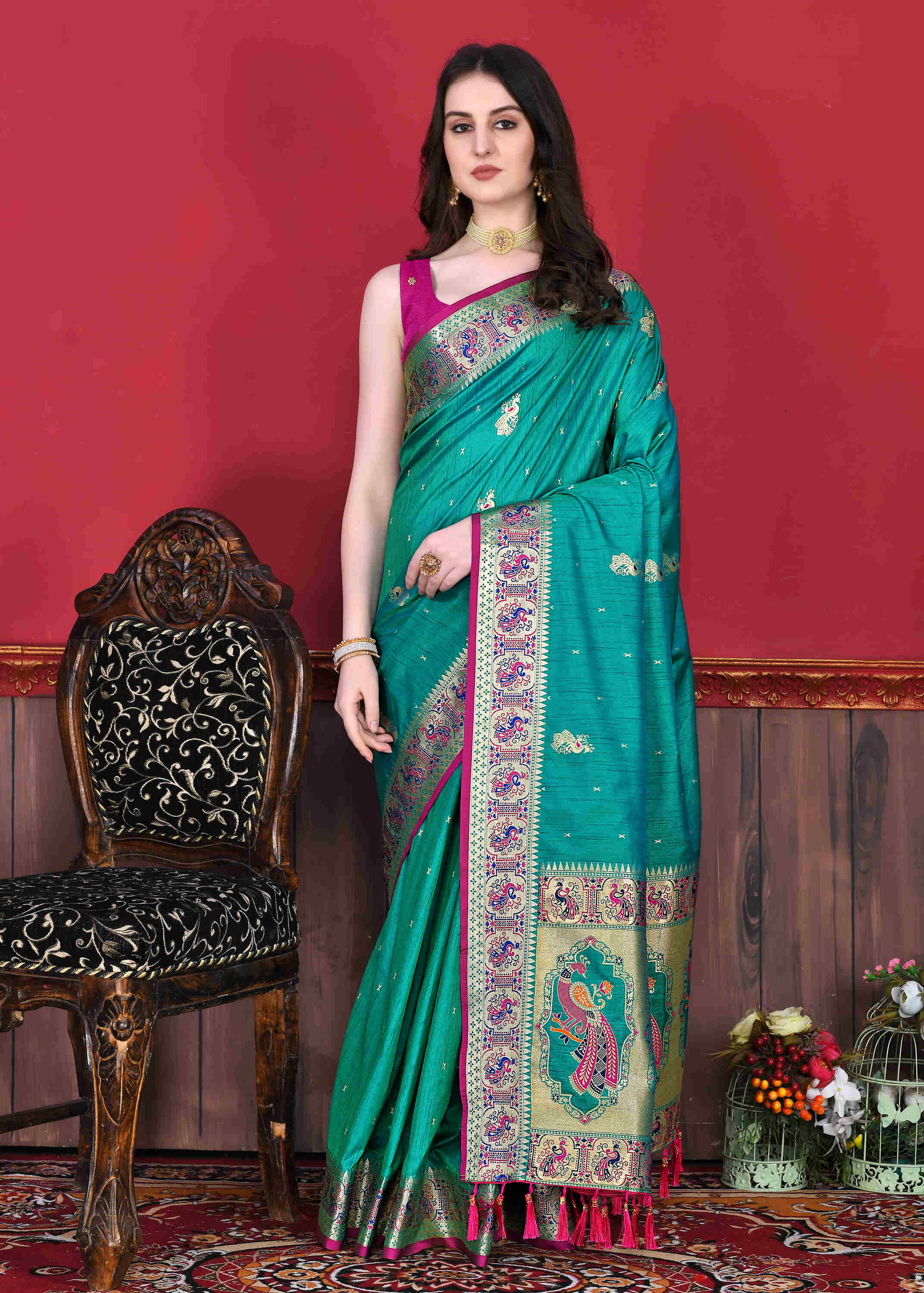 Teal Soft pethani  Silk Saree  With Rich golden Zari Wooven  Pallu  Zari weawing