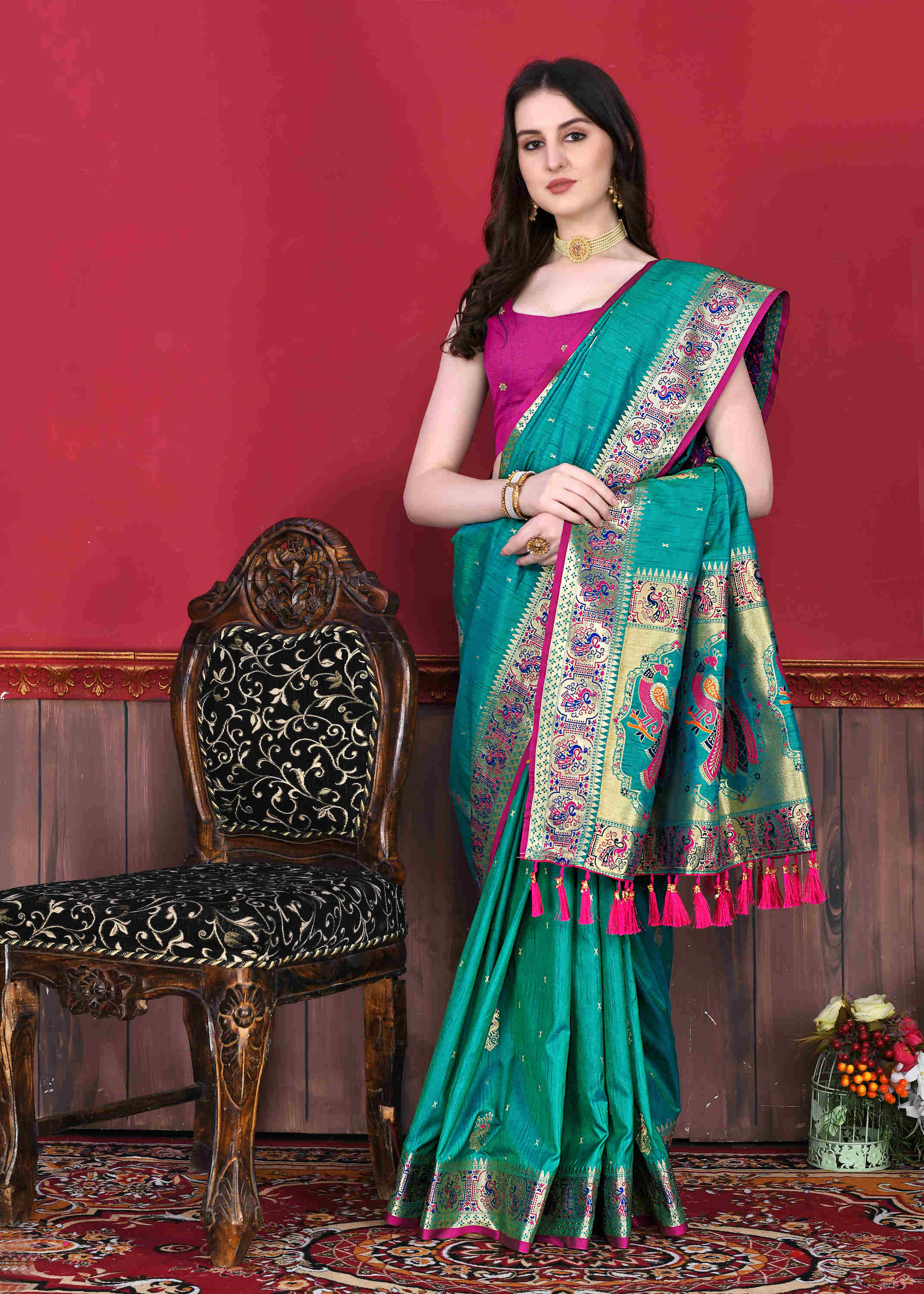 Teal Soft pethani  Silk Saree  With Rich golden Zari Wooven  Pallu  Zari weawing