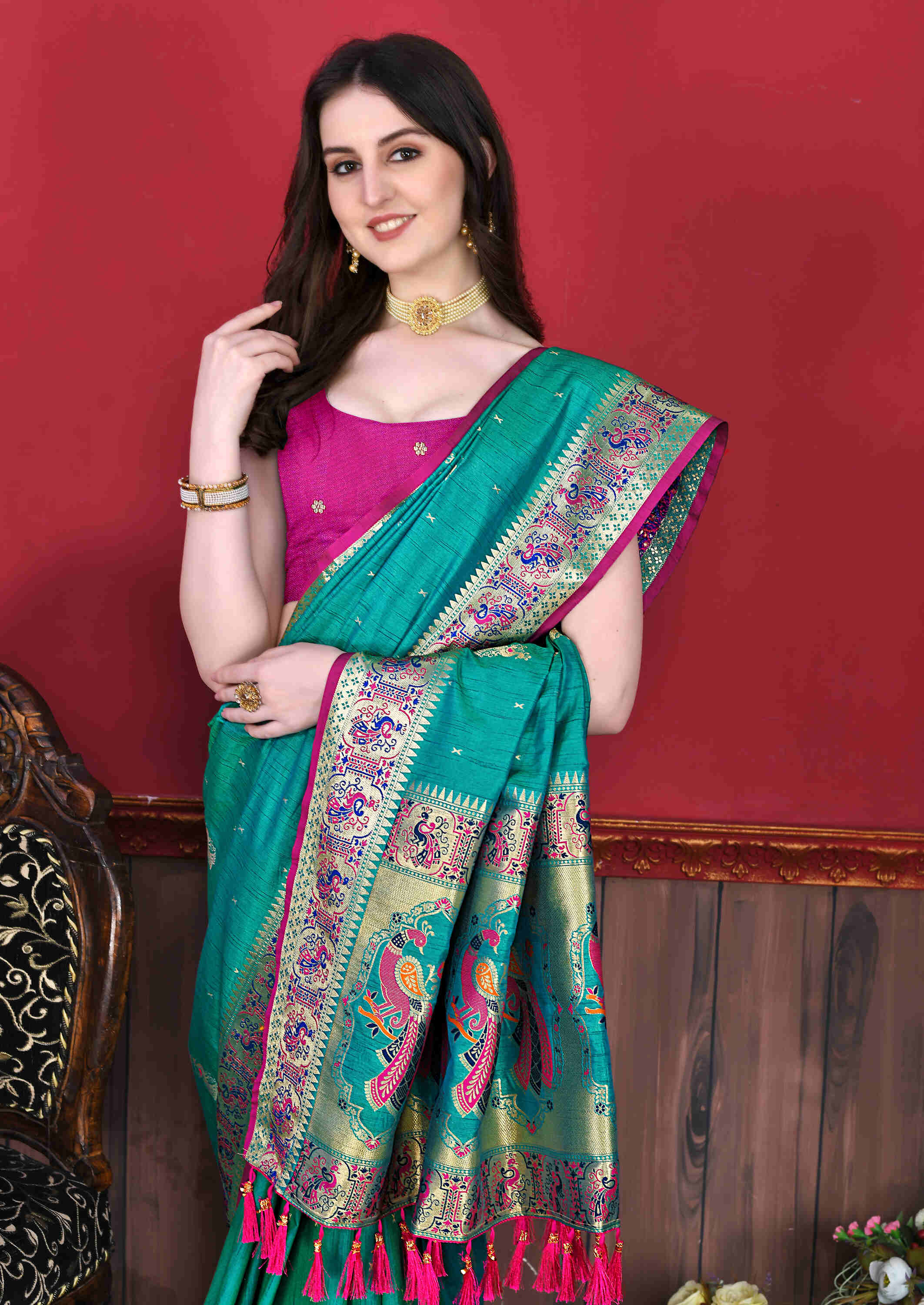 Teal Soft pethani  Silk Saree  With Rich golden Zari Wooven  Pallu  Zari weawing