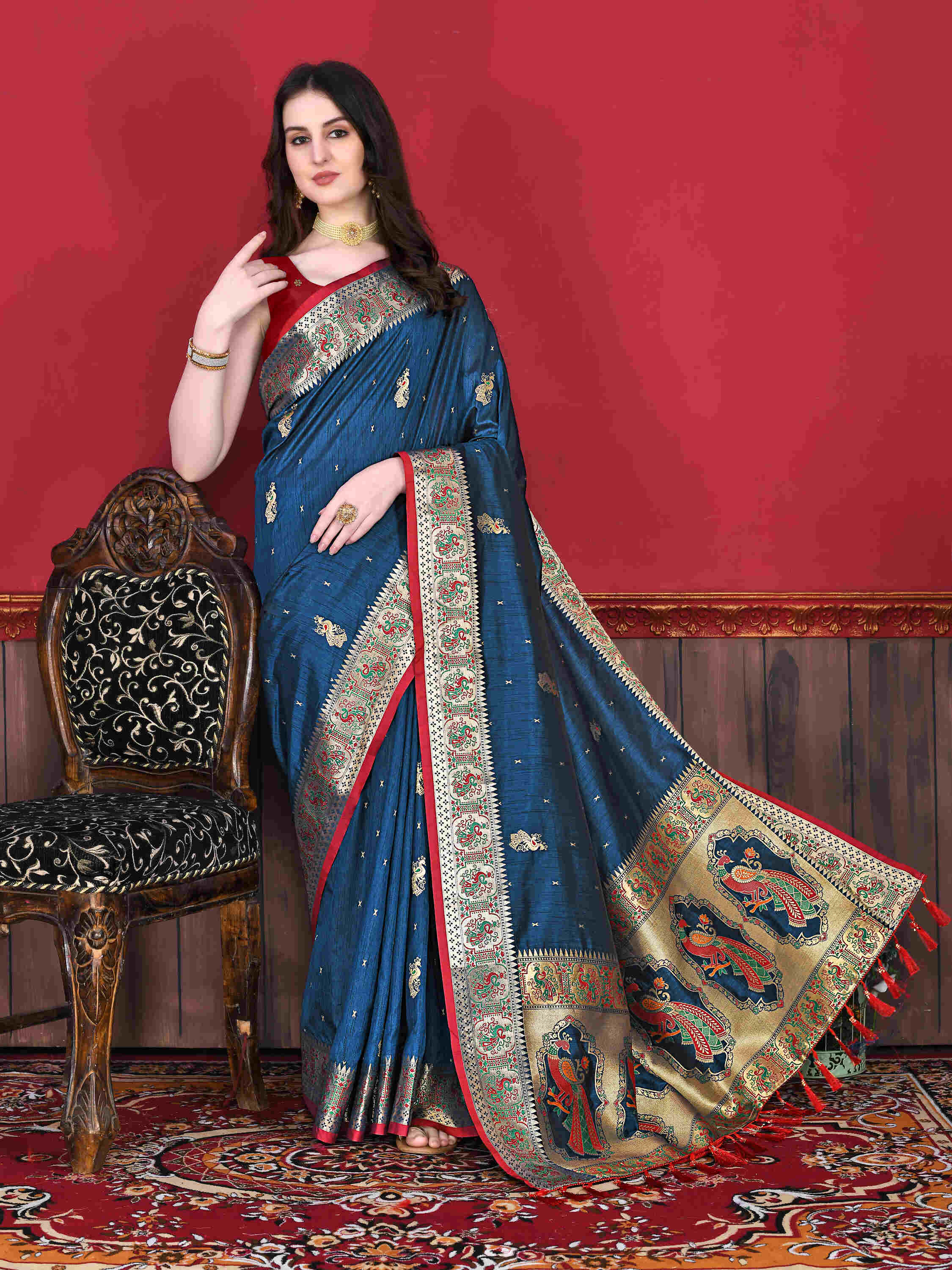 Navy Blue Soft pethani  Silk Saree  With Rich golden Zari Wooven  Pallu  Zari weawing