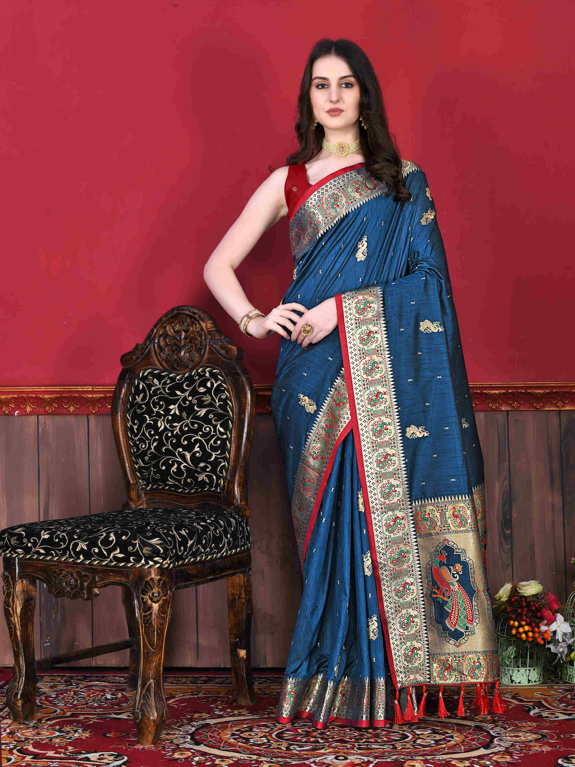 Navy Blue Soft pethani  Silk Saree  With Rich golden Zari Wooven  Pallu  Zari weawing