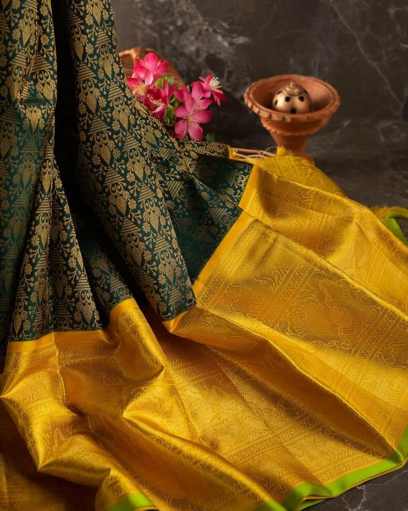 Exuberant Green Soft Banarasi Silk Saree With Blouse Piece