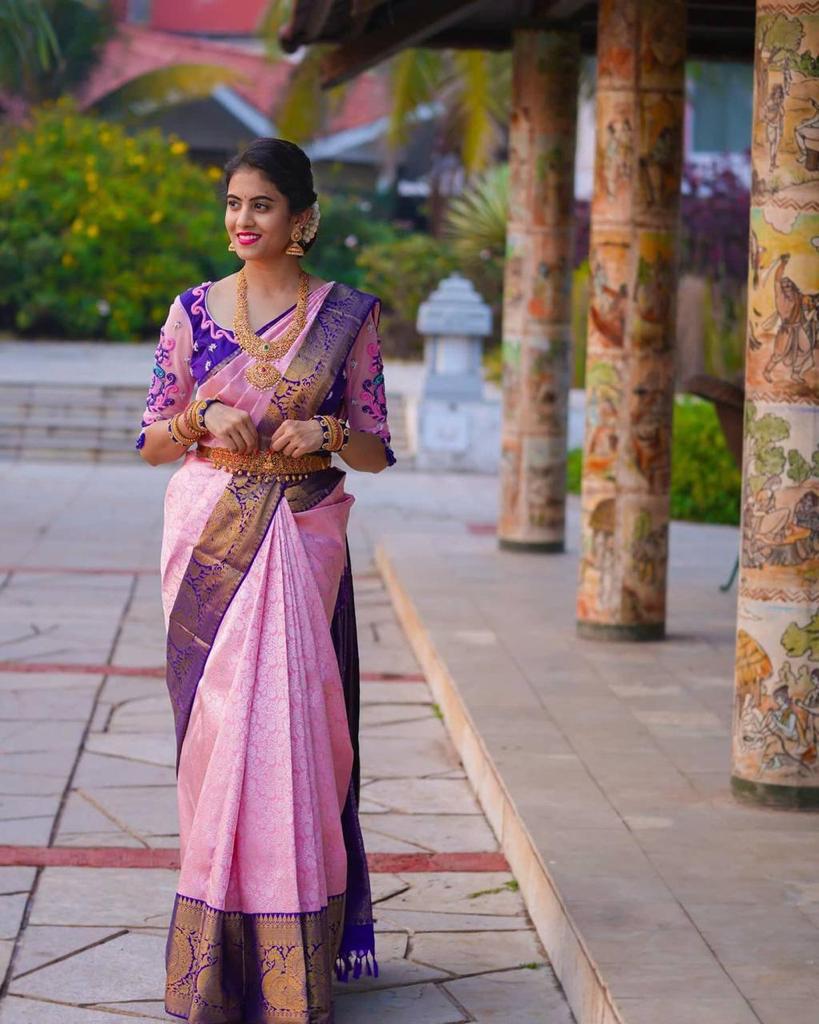 Pink Soft Banarasi Silk Saree With Blouse Piece