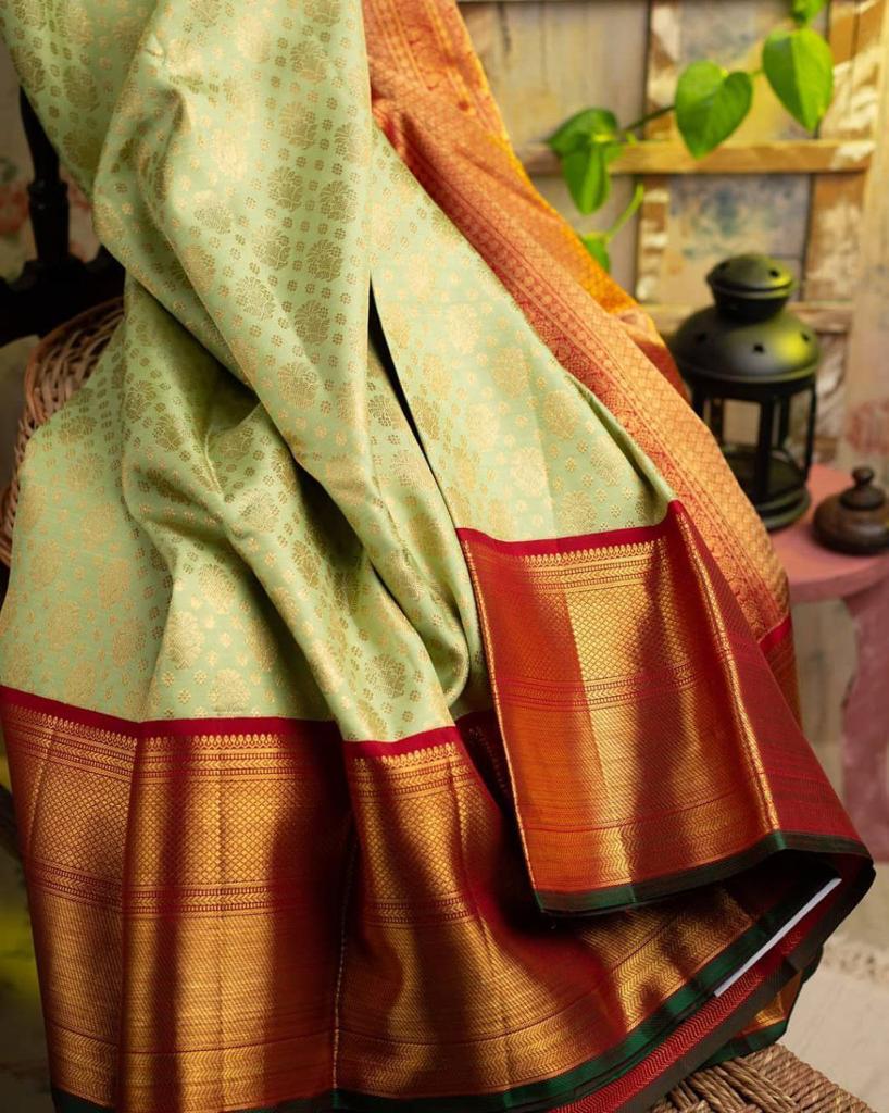 Pista  Soft Banarasi Silk Saree With Blouse Piece