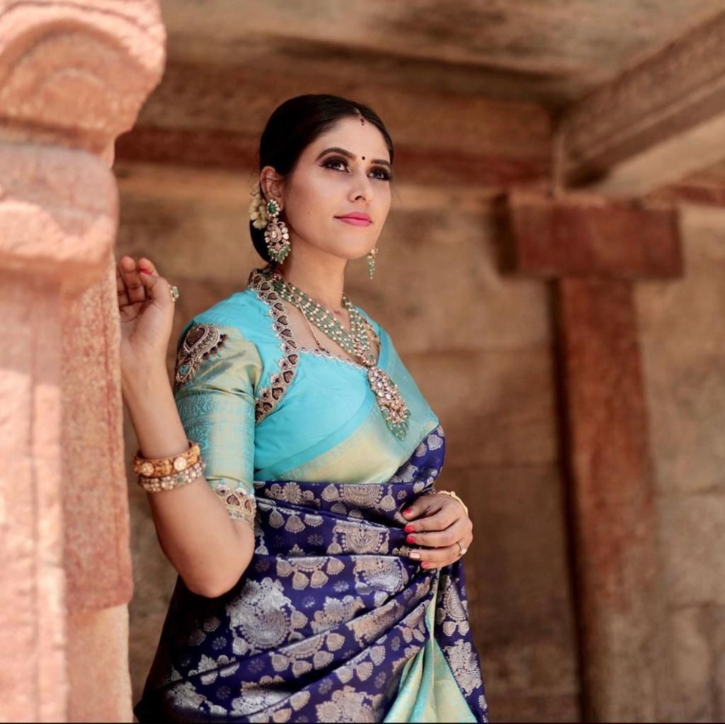 Blue Soft Banarasi Silk Saree With Glorious Blouse Piece