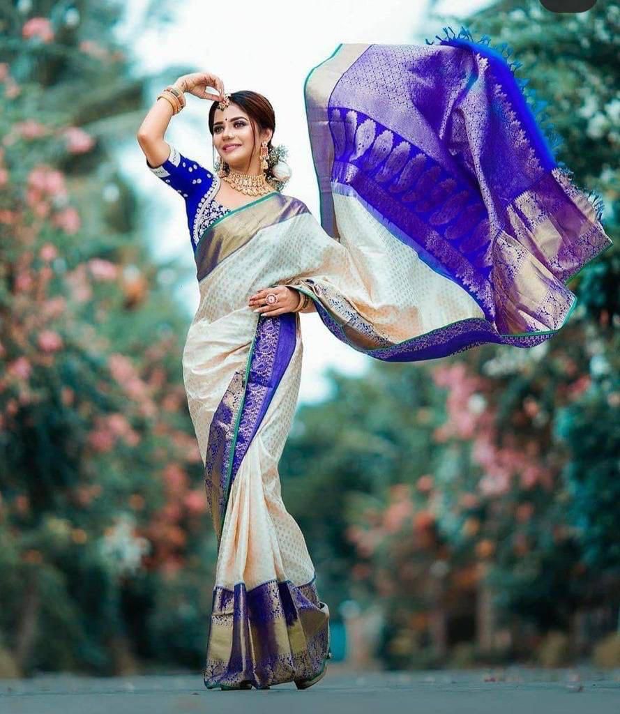 White Blue Banarasi Silk Saree With Blouse Piece For Women