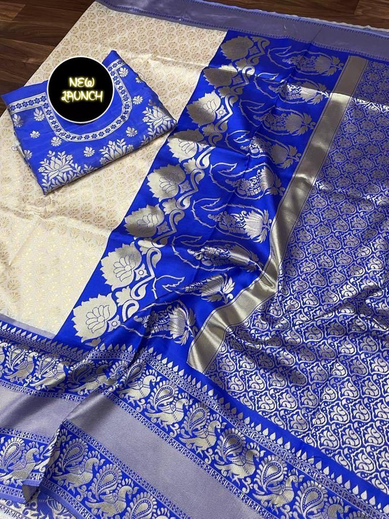 White Blue Banarasi Silk Saree With Blouse Piece For Women