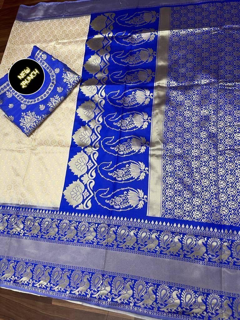 White Blue Banarasi Silk Saree With Blouse Piece For Women