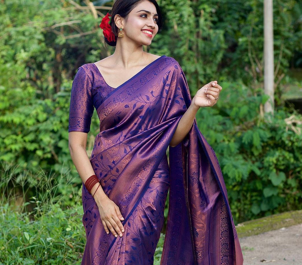 Navy Blue Soft Banarasi Silk Saree With Blouse Piece