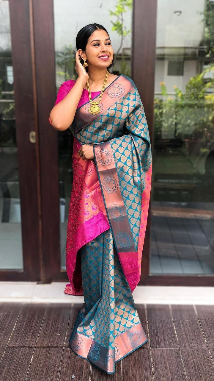 Rama Soft Banarasi Silk Saree With Blouse Piece