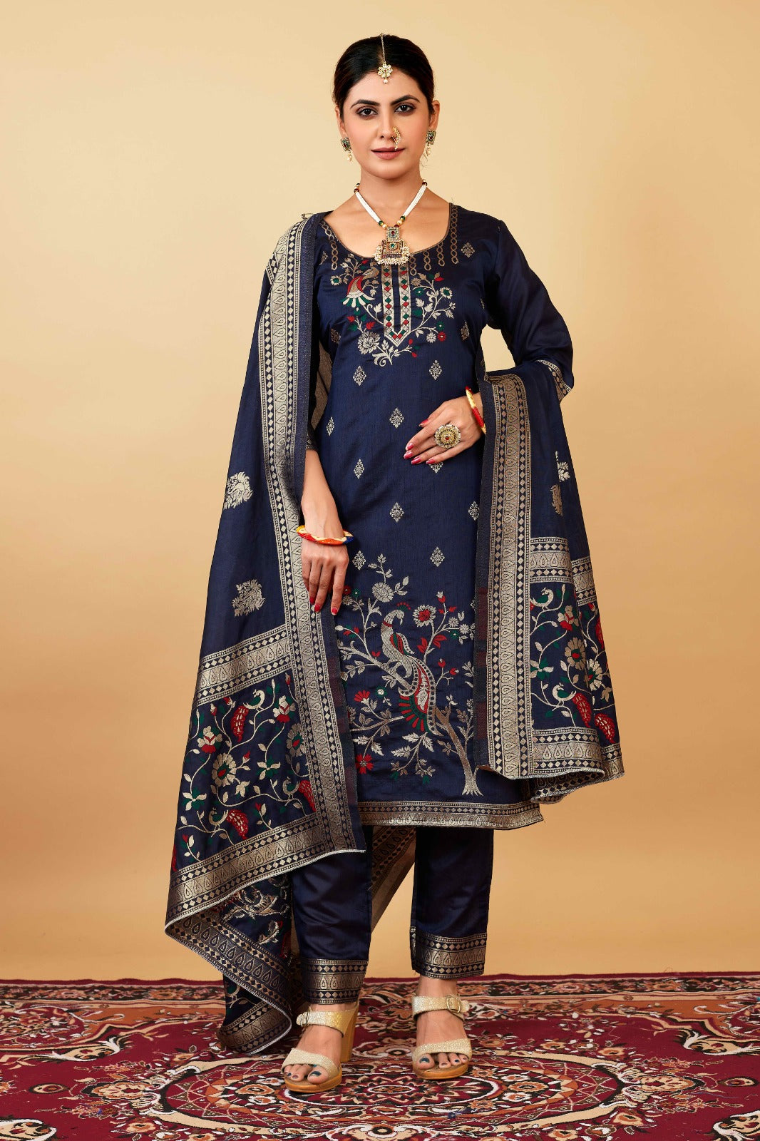 Blue Mustard Weaving Soft Dola Silk Long Length Paithani Suit