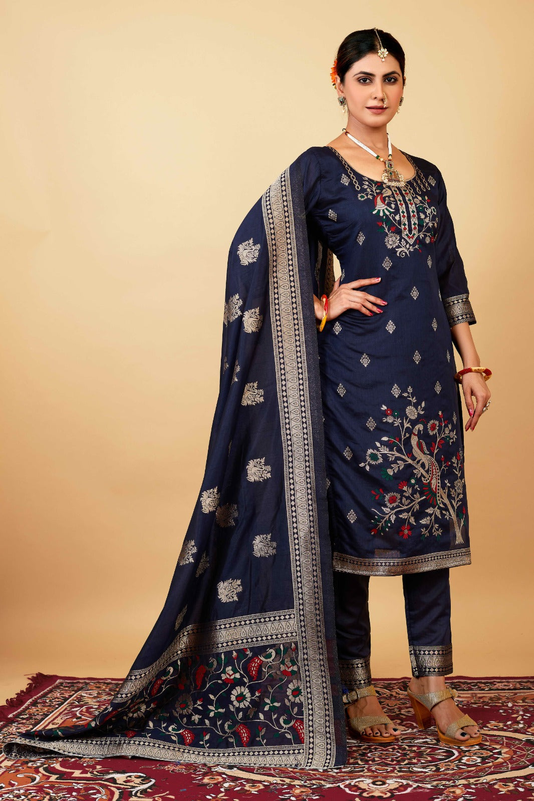 Blue Mustard Weaving Soft Dola Silk Long Length Paithani Suit