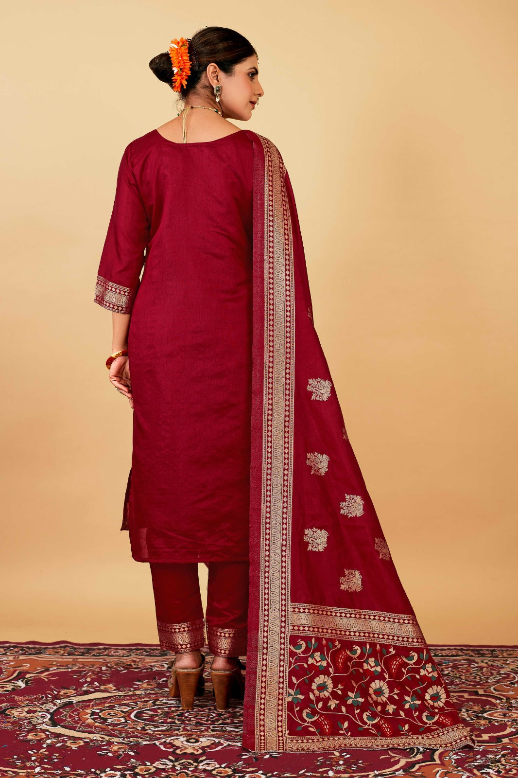 Red Mustard Weaving Soft Dola Silk Long Length Paithani Suit