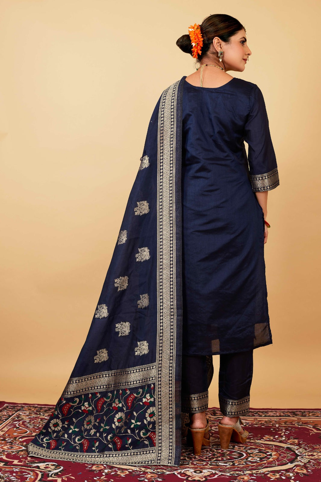 Blue Mustard Weaving Soft Dola Silk Long Length Paithani Suit