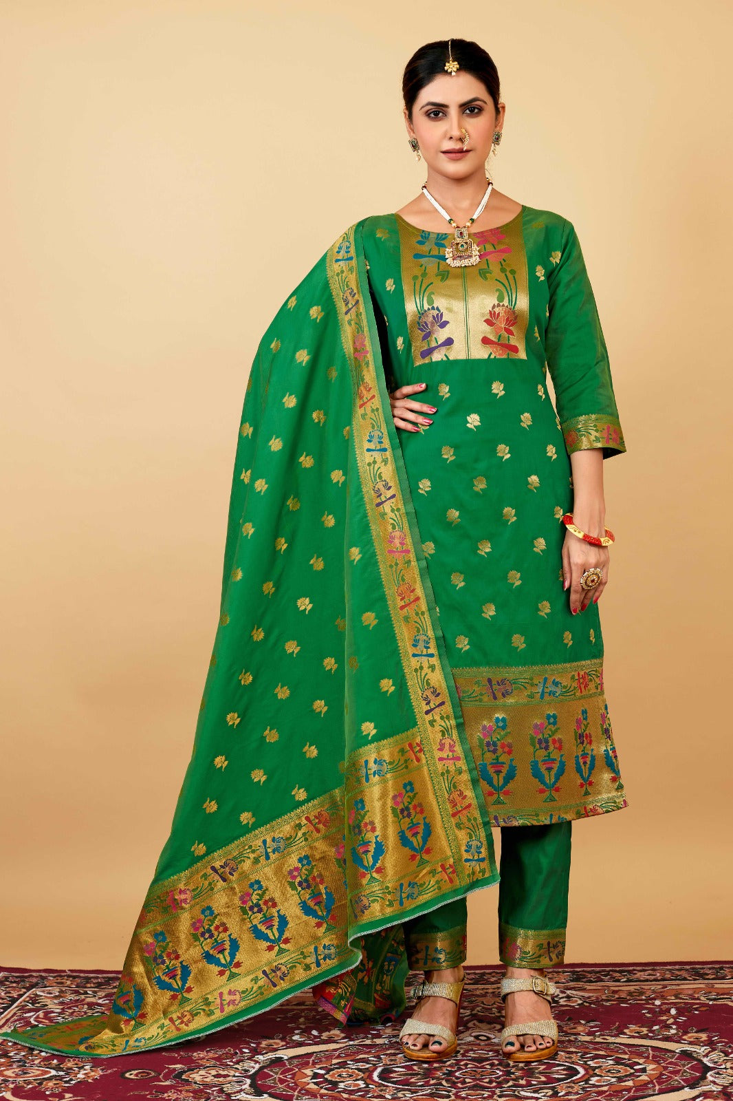 Green color paithani silk unstitched Suit