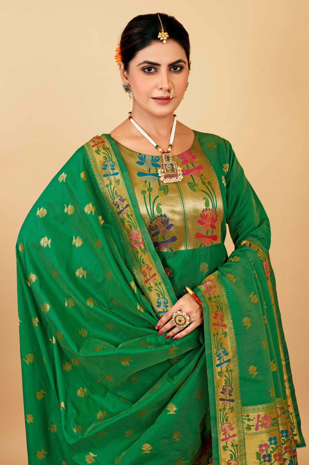 Green color paithani silk unstitched Suit