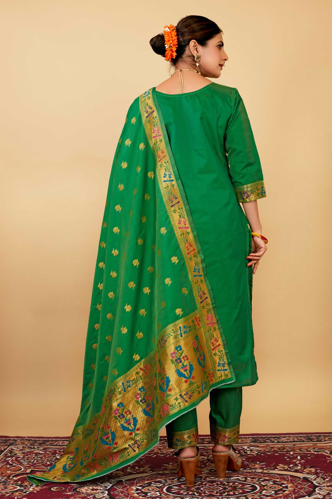 Green color paithani silk unstitched Suit