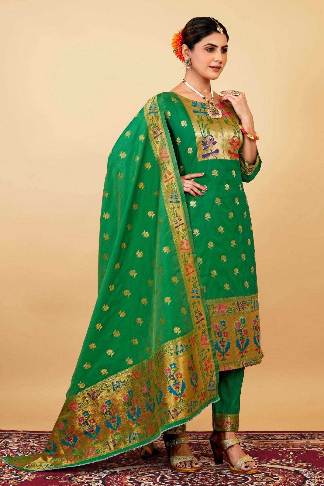 Green color paithani silk unstitched Suit