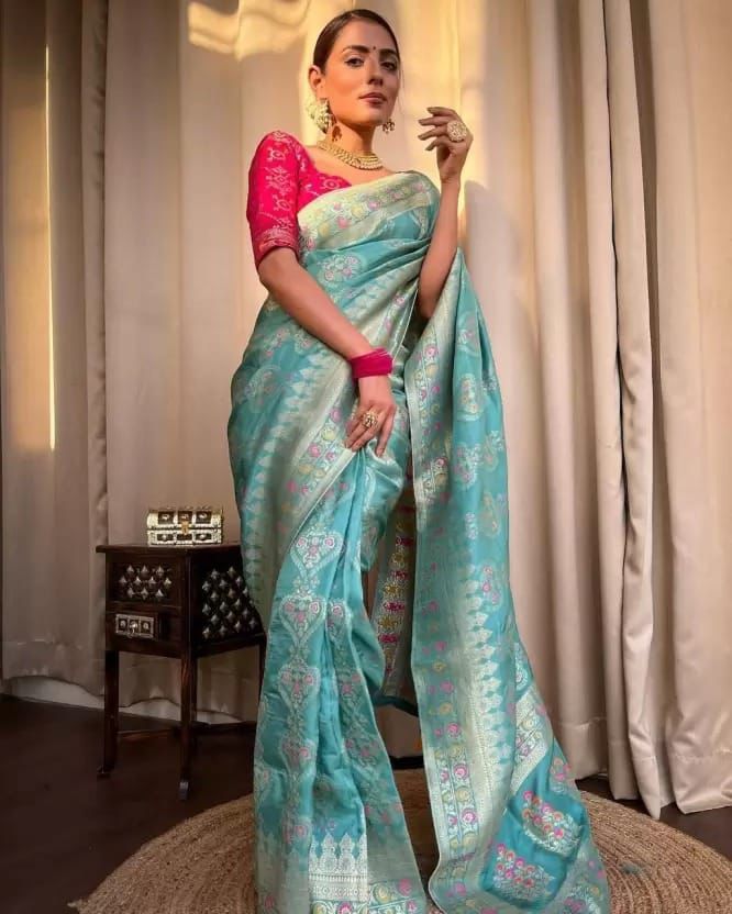 Sky Blue Soft Banarasi Silk saree Excellent Blouse Piece