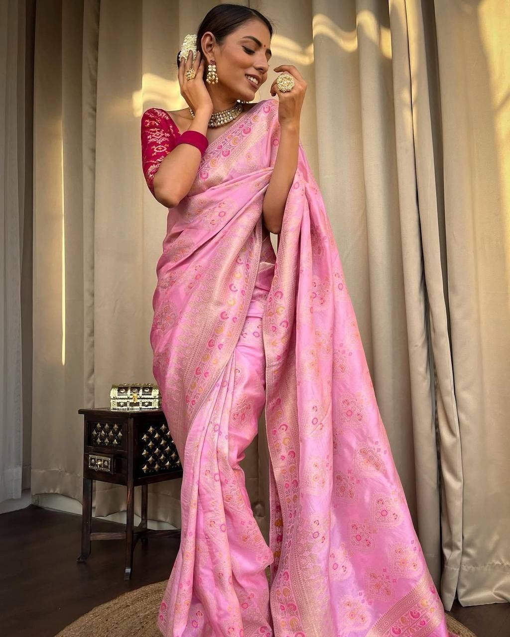 Baby pink Blue Soft Banarasi Silk saree Excellent Blouse Piece