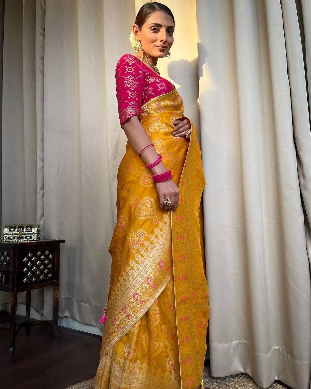 Yellow Soft Banarasi Silk saree Excellent Blouse Piece