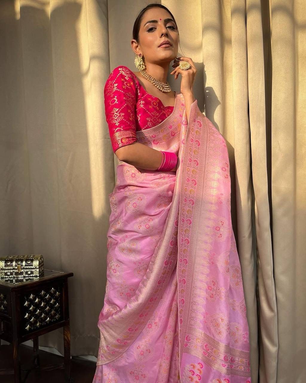 Baby pink Blue Soft Banarasi Silk saree Excellent Blouse Piece