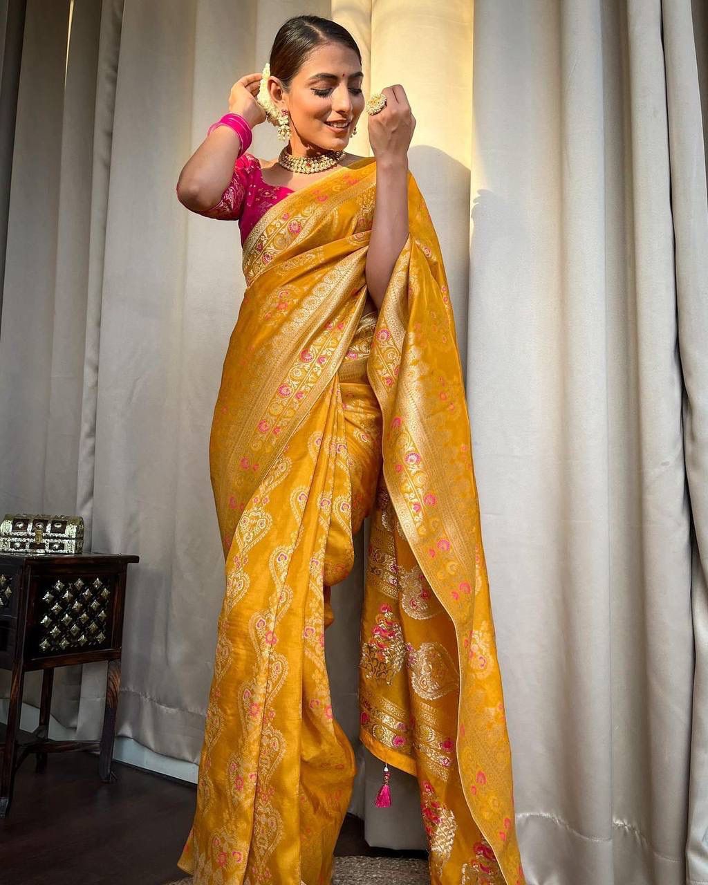 Yellow Soft Banarasi Silk saree Excellent Blouse Piece