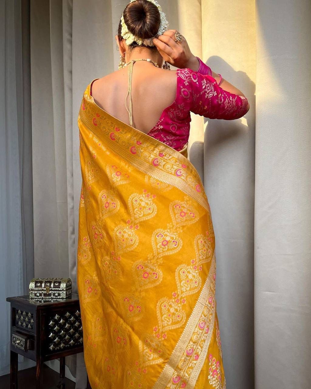 Yellow Soft Banarasi Silk saree Excellent Blouse Piece