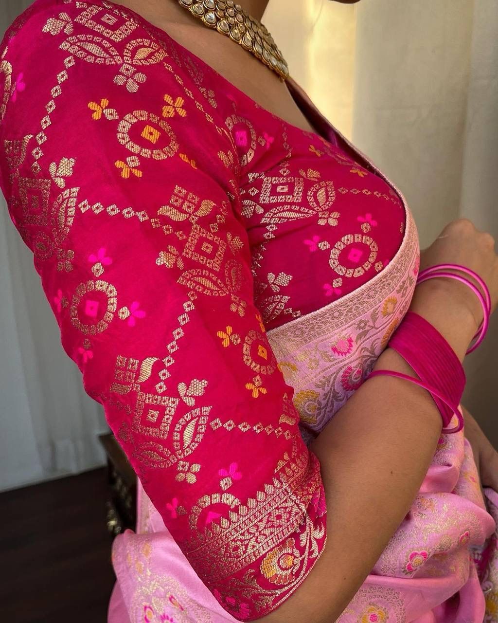 Baby pink Blue Soft Banarasi Silk saree Excellent Blouse Piece