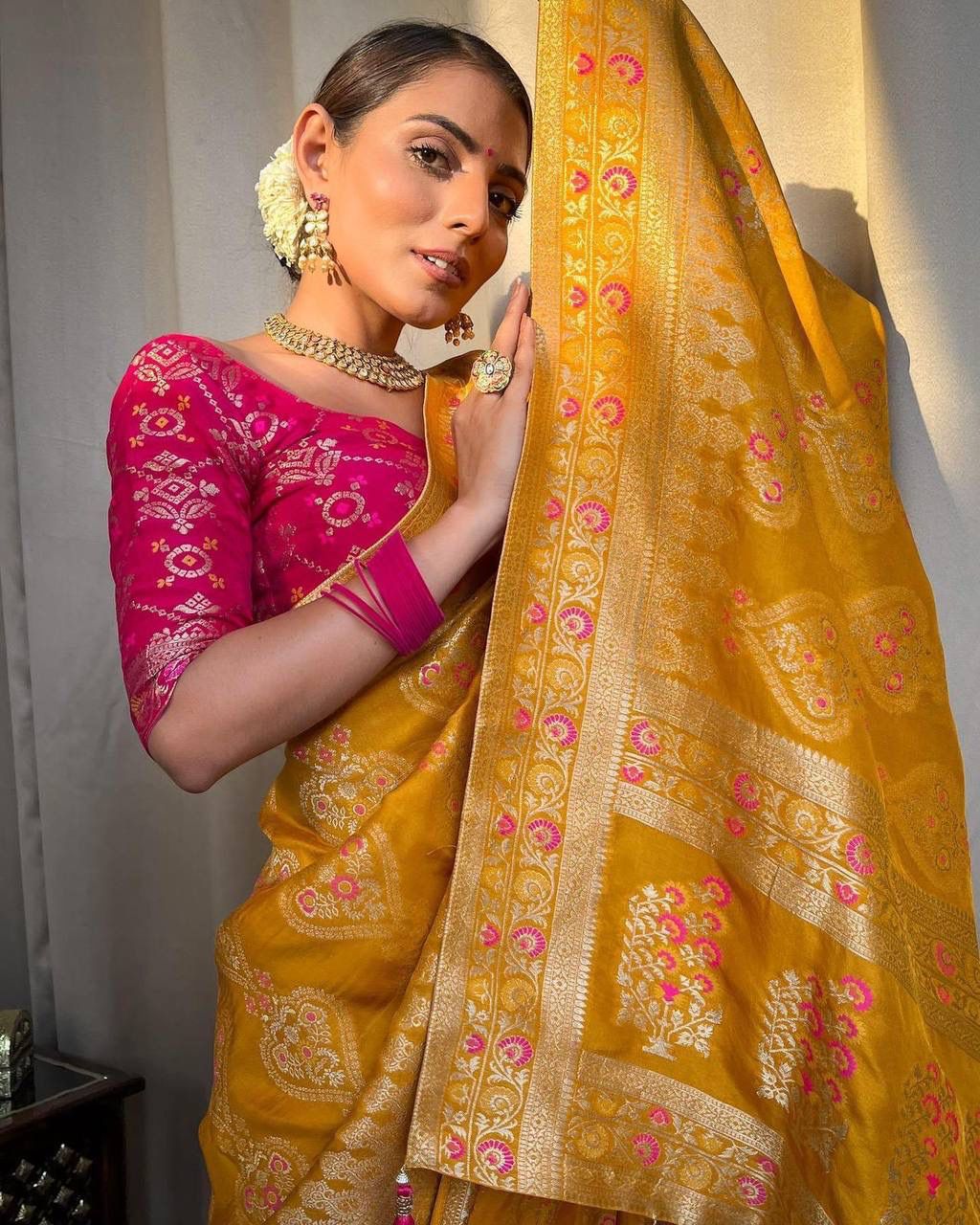 Yellow Soft Banarasi Silk saree Excellent Blouse Piece