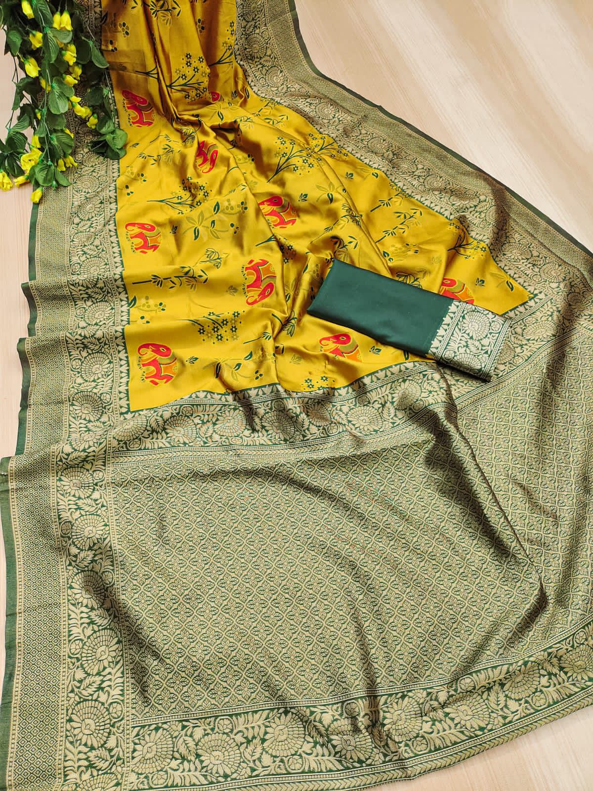 Yellow Banarasi Silk Saree With Excellent Blouse Piece