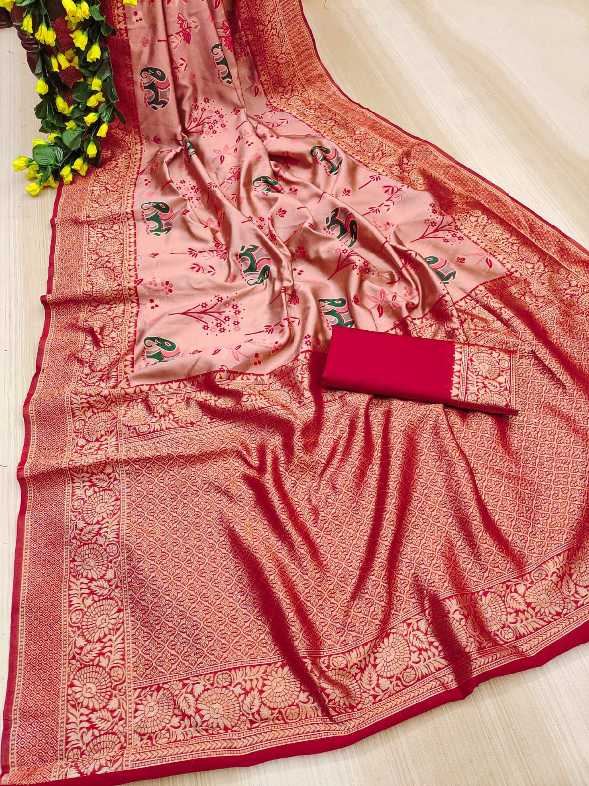 Red Banarasi Silk Saree With Excellent Blouse Piece