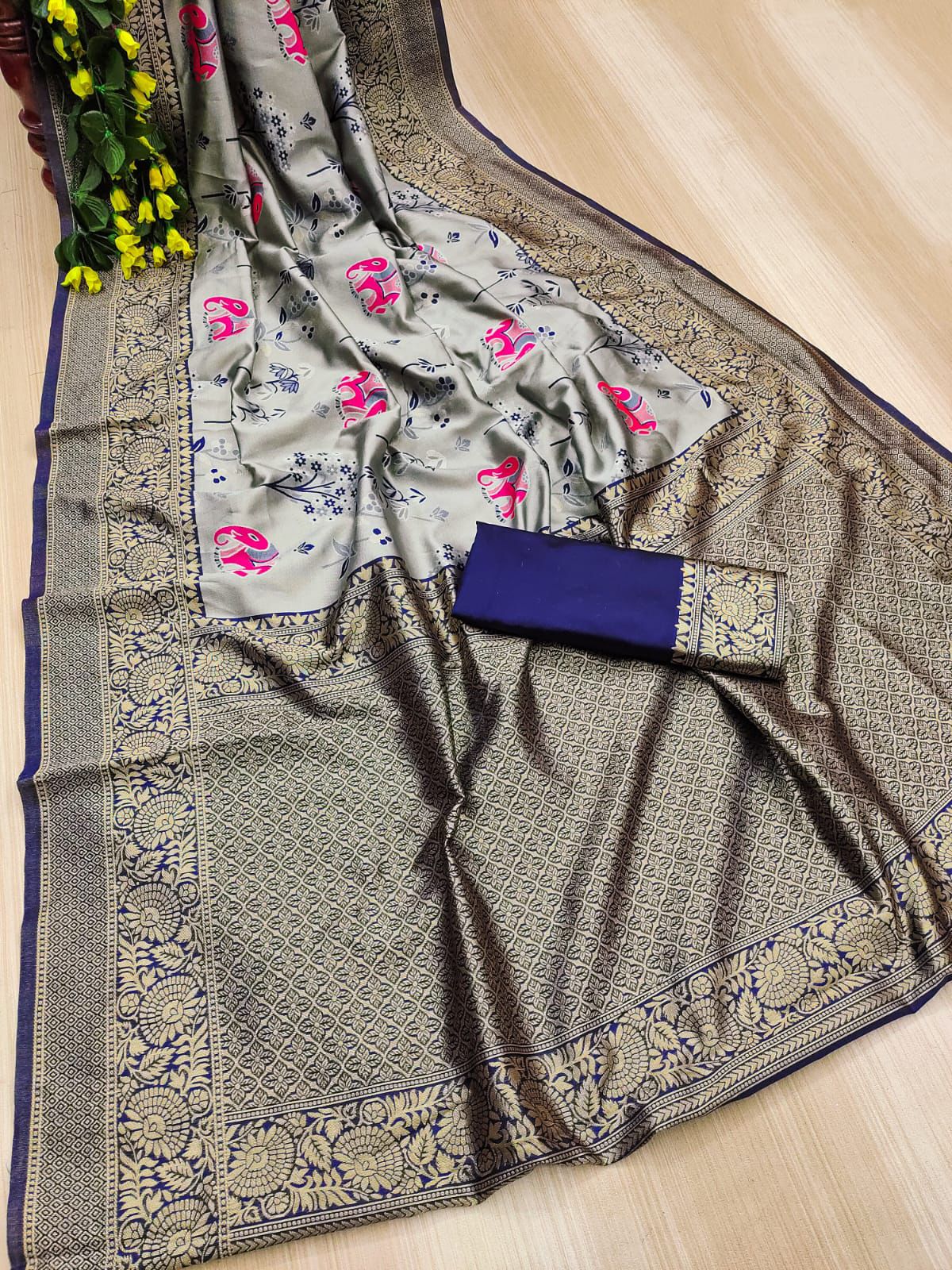 Navy Blue Banarasi Silk Saree With Excellent Blouse Piece